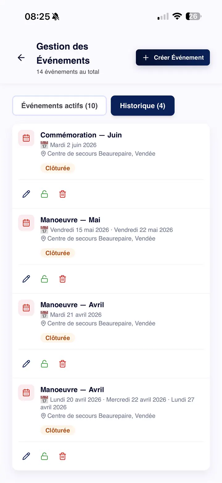 Historique des &eacute;v&eacute;nements